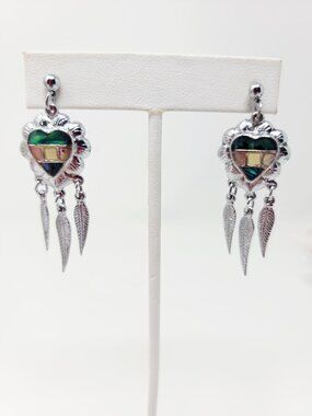 Silver Tone Heart Abalone Inlay Earrings Southwestern Style Feather Dangle